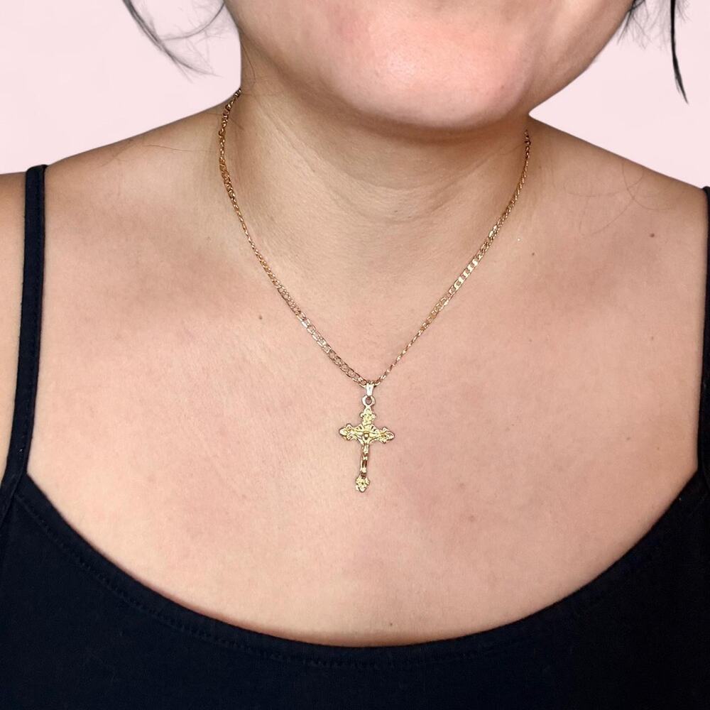 Gold cross charm and chain gold filled christian holy spiritual religion jesus